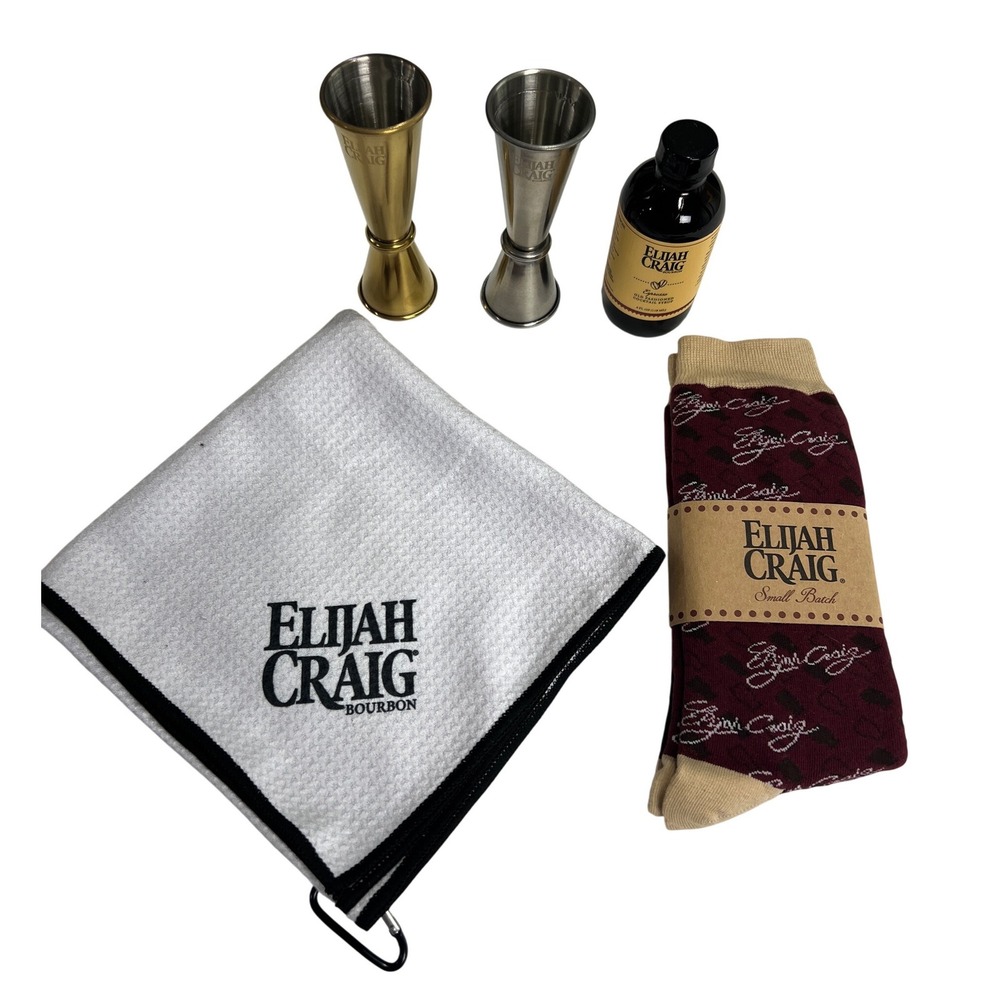 Elijah Craig Bourbon Barware Set‎ Jiggers Syrup Socks Towel Maroon White New A71